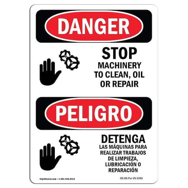 OSHA, Stop Machinery To Clean Repair Bilingual, 24in X 18in Rigid Plastic, 18" W, 24" H, Spanish